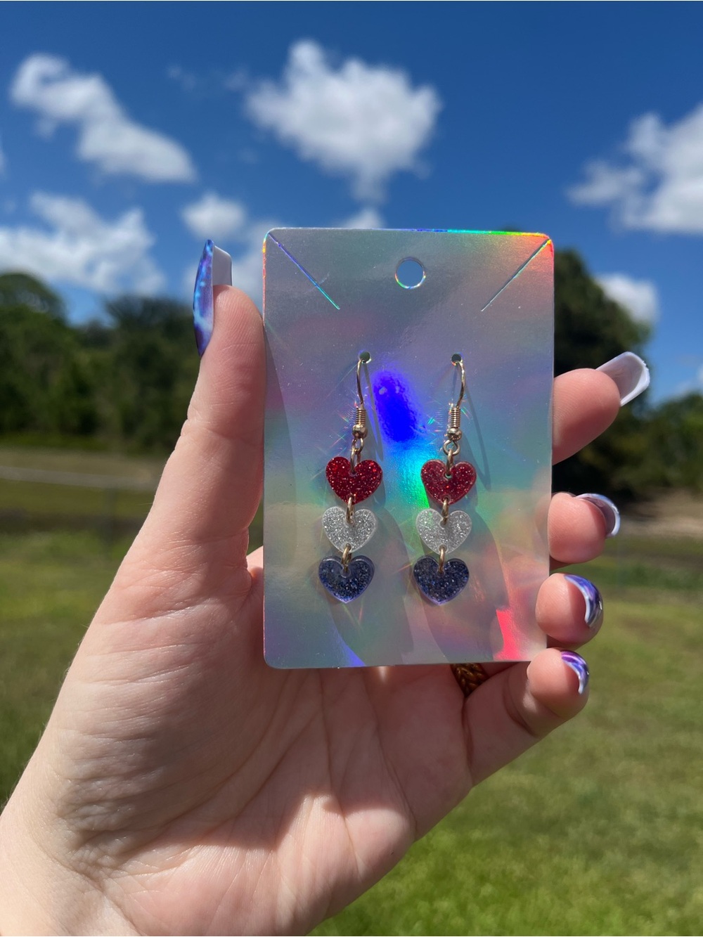 Tricolor Glitter Heart Dangle Earrings - Red White Blue